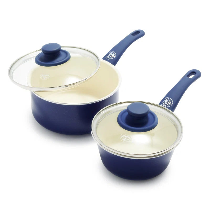 GreenLife GreenLife Soft Grip Healthy Ceramic Nonstick, 1QT And 2QT Saucepan Pot Set With Lids, Dishwasher Safe