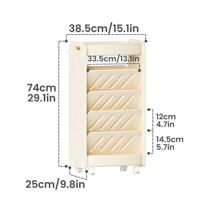 hoopyosms 6-Tier Double-Sided Kids Bookshelf With Wheels, Slanted Shelves & HDPE Material - Beige, Mobile Book Storage For Bedroom Or Playroom