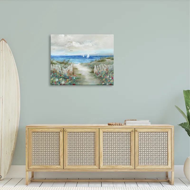 Stupell Industries " Tranquil Beachside Flower Meadow Ocean Sailboats Scene " by Nan Painting Print