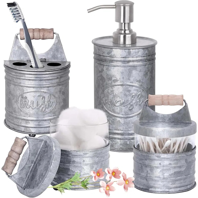 THE GLAMOUR BOUTIQUES Rustic Bathroom Accessories Set 4 - Galvanized Soap Dispenser, Rustic Toothbrush Holder, 2 Apothecary Jars Qtip Holder - Rustic Bathroom Decor – Farmhouse Bathroom Accessories