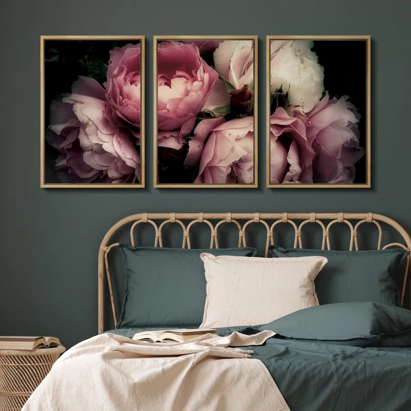IDEA4WALL Flower Blossom " Pink Rose Peony Bouquet Floral Pictures Large Framed Canvas Print 3 Pieces Wall Art