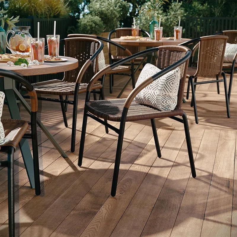 ZILNOX Modern Rattan Indoor/Outdoor Stackable Dining Chairs, Alloy Steel Stacking Rattan Bistro Chairs for Restaurant, Set of 4, Brown