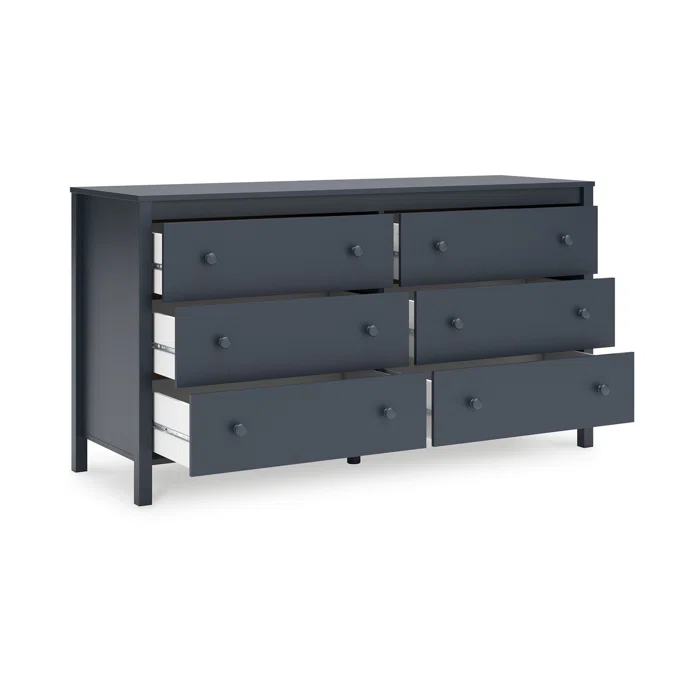 Benjara Cian Wide Dresser, 6 Drawers, Knob Handles, Navy Blue Wood, 61 Inch