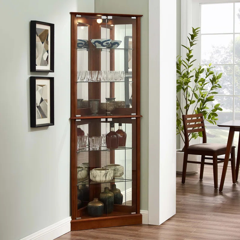 Lark Manor™ Corner Curio Dispaly Cabinet with Lights, Adjustable Tempered Glass Shelves, Mirrored Back
