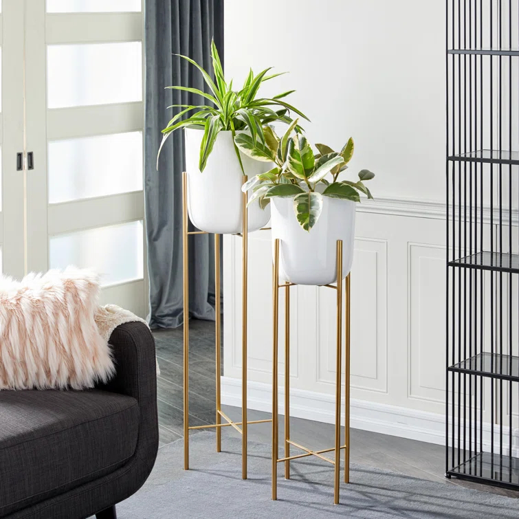 CosmoLiving by Cosmopolitan 2 - Piece Silver Metal Tall Indoor Outdoor Dome Indoor Outdoor Planter with Removable Stand Set