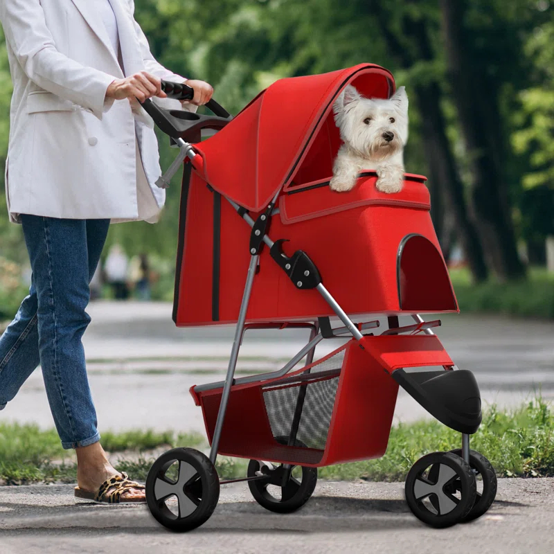 MoNiBloom 3 Wheel Folding Pet Stroller, Foldable Dog Jogger Stroller with Storage Basket, Cup Holder & Canopy