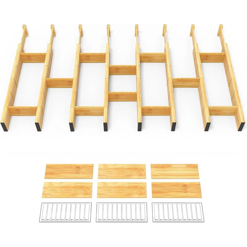SpaceAid Bamboo Drawer Dividers with Inserts and Labels – Adjustable Kitchen Drawer Organizers, Expandable Storage for Home, Office, Dressers, and Bathroom, 8 Dividers with 18 Inserts (17-22 inches)