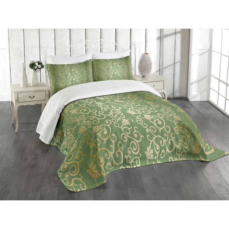 Ambesonne Green and Yellow Bedspread Set 3 Pcs Floral Curls Queen Green Yellow