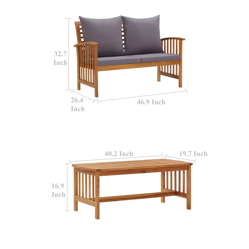Benjara Mia 3Pc Outdoor Loveseat Bench And Coffee Table Set, Gray, Acacia Wood