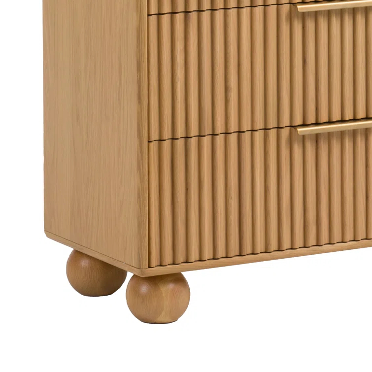 Benjara Cid Joya 45 Inch Tall Chest, 4 Drawers, Golden Metal Handles, Natural Oak