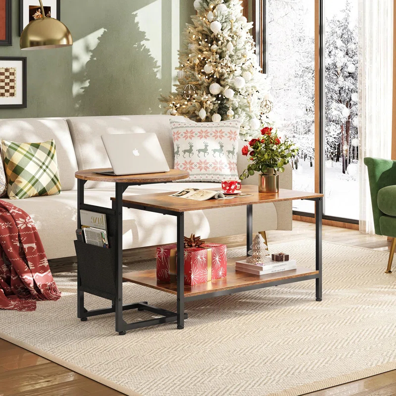 17 Stories Coffee Table, 31.3" And 18.7" Small Coffee Tables For Living Room, Modern Center Table And Side Table Set With Storage Side Pouch For Bedroom, Apartment, Rustic Brown