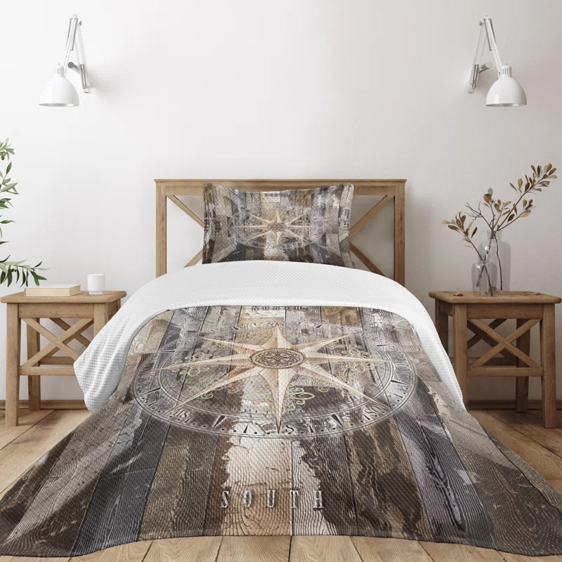 Ambesonne Ambesonne Marine Life Bedspread Set Compass Navy Ocean Brown