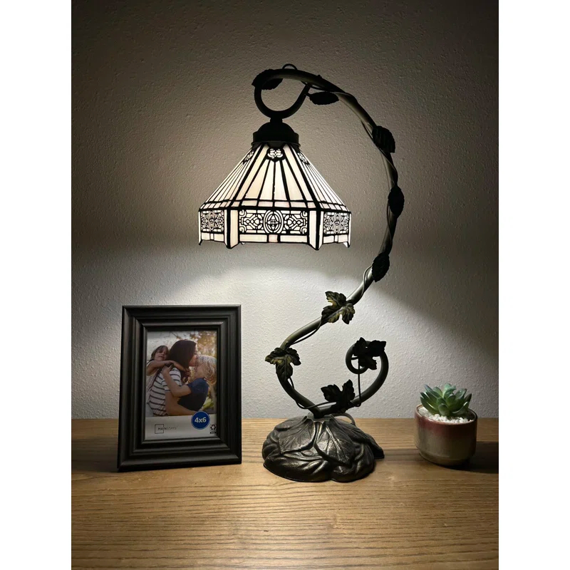 Bloomsbury Market Lemberg Tiffany Style Table Lamp White Stained Glass Hexagon Iron Metal Leaves 11"W*8"D* 21" H