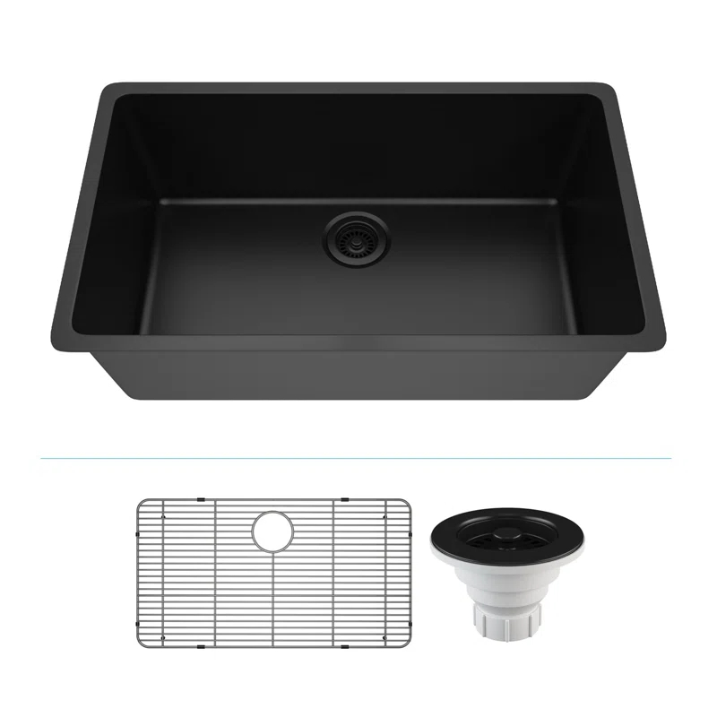 Lexicon LP-1000-K 32" x 19" Quartz Kitchen Sink, Single Bowl Sink, Drop-in Sink, Undermount Sink, Granite Kitchen Sink, with Steel Grids and Basket Strainer, Disposal Flange