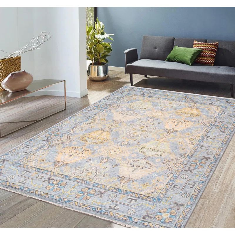 Pasargad Oushak Oriental Hand-Knotted Rectangle 8'1" x 9'9" Wool Area Rug in Blue/Yellow/Black