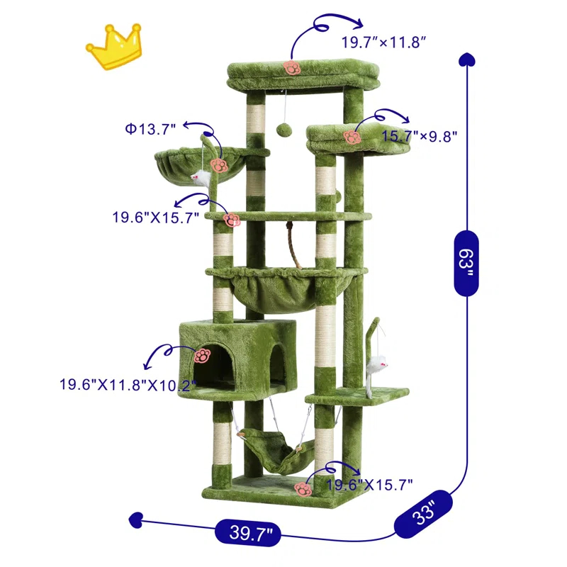 63" Cat Tree For Large Breeds - Spacious Platforms, Hammock, Sisal Scratching Posts & Cat Condo, Indoor Use