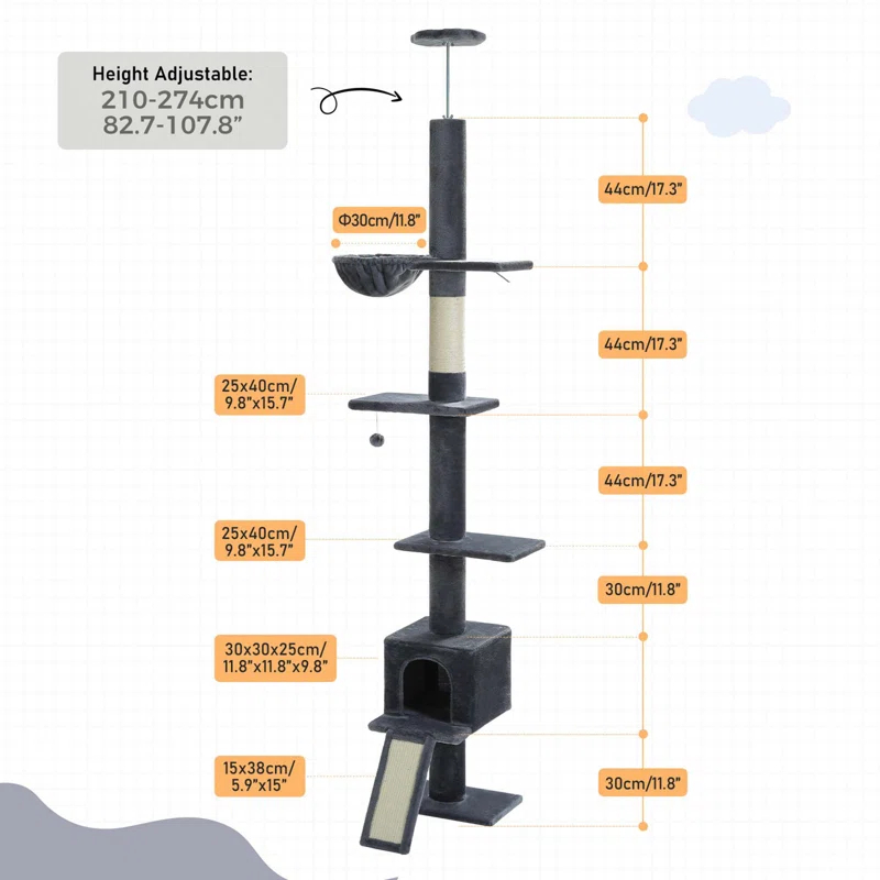 Adjustable Height Floor To Ceiling 5-Tier Tall Cat Tree Tower For Indoor Cats With Cat Condo, Cat Scratching Post And Cat Ladder