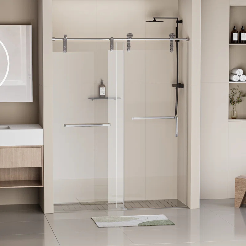 Frameless Single Sliding Shower Door, 5/16" (8Mm) Clear Tempered Glass With Explosion-Proof Film, Brushed Nickel Finish, Stainless Steel Hardware