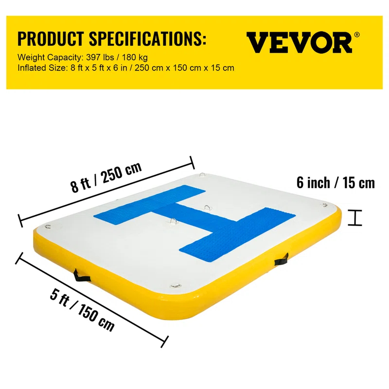 VEVOR VEVOR Inflatable Floating Dock 8 X 5 Ft, Inflatable Dock Platform With Electric Air Pump, Inflatable Swim Platform 6 Inch Thick, Floating Dock 4-6 People, For Pool Beach Ocean