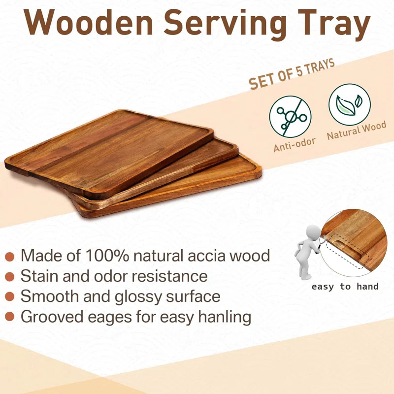 Millwood Pines 5 Pack Solid Acacia Wood Serving Trays, Rectangular Wooden Serving Board For Food Appetizer Serving Tray Plates For Vegetables Fruit Charcuterie Cheese Platters Home Kitchen Decor