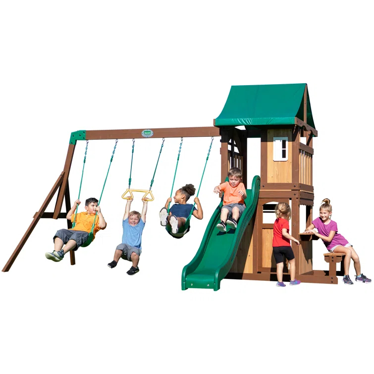 Backyard Discovery Backyard Discovery Lakewood Cedar Wood Swing Set with Wave Slide, Clubhouse, Playhouse, and Snack Bar Window