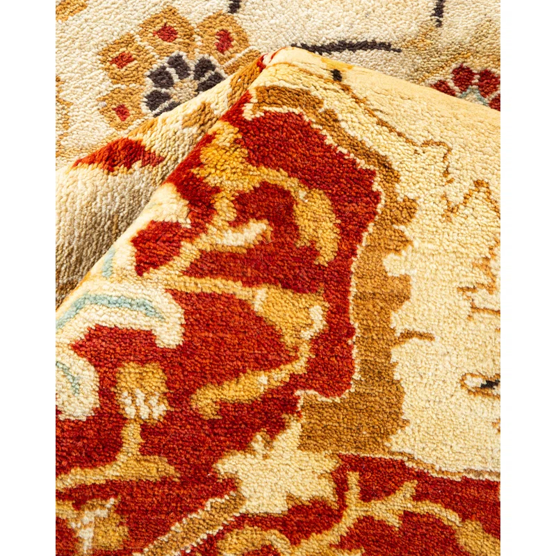 Eclectic Art Deco Ivory Wool 9' x 12' Hand-Knotted Area Rug