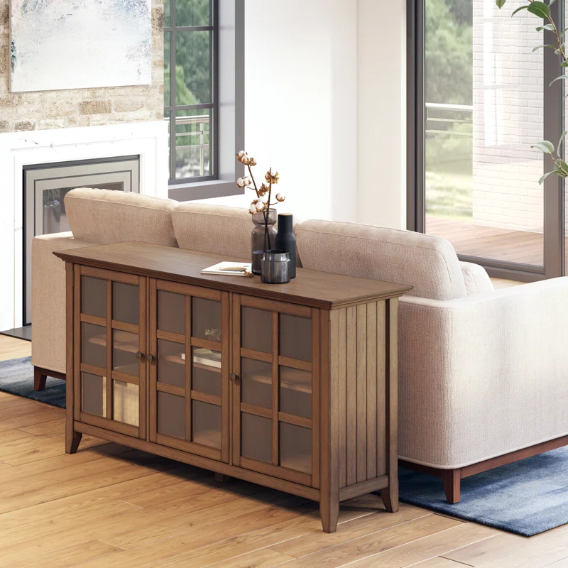 Simpli Home Acadian 62"W Solid Wood 3-Shelf Storage Cabinet with Tempered Glass Doors and Adjustable Shelves