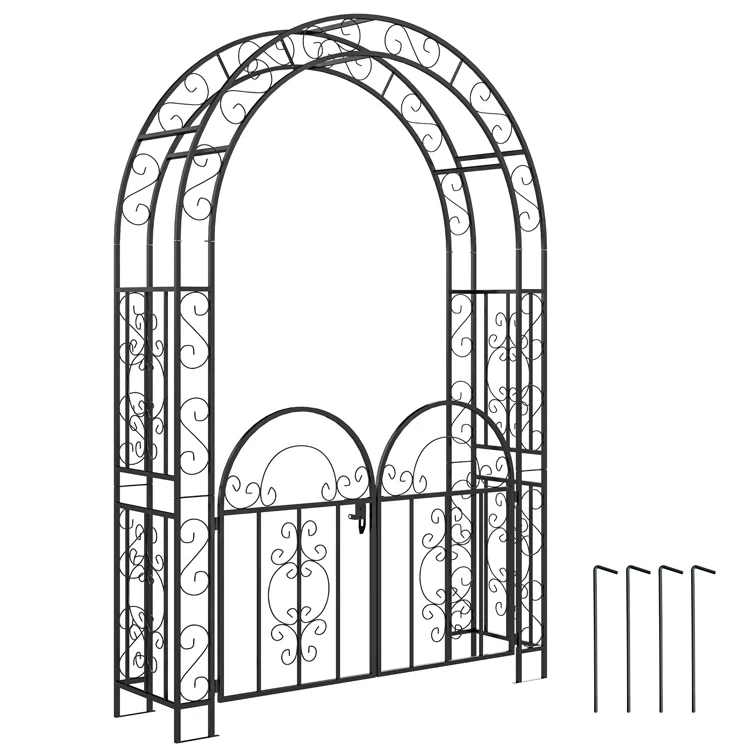 Outsunny 7.4ft Steel Garden Arch with Gate, Garden Arbor Trellis, Black