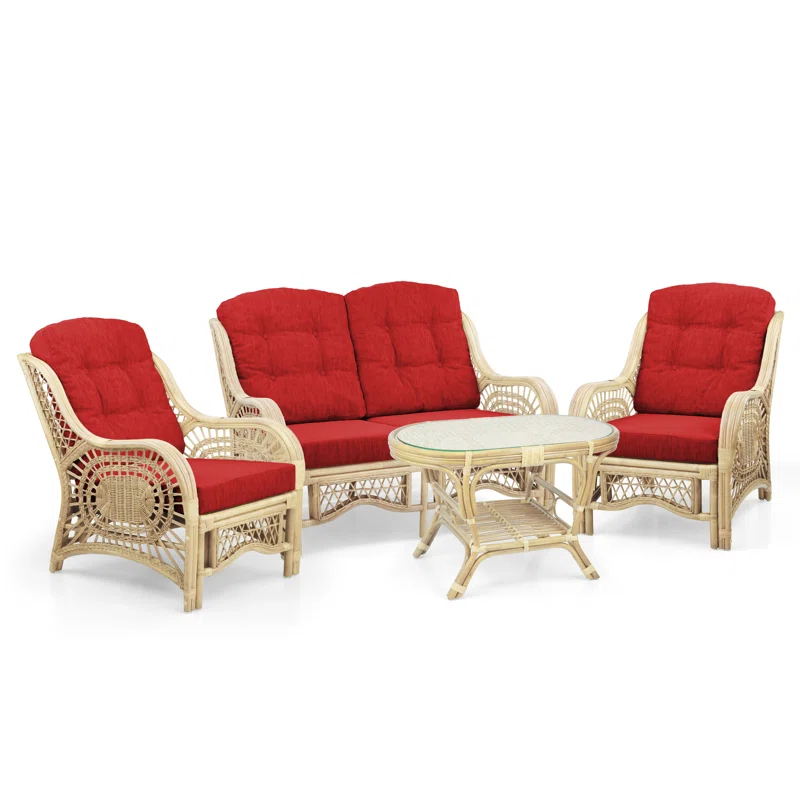 Bay Isle Home™ Malibu Lounge Set Of 4: 2 Natural Rattan Wicker Chairs, Loveseat And Coffee Table W/Glass Handmade, Natural Color