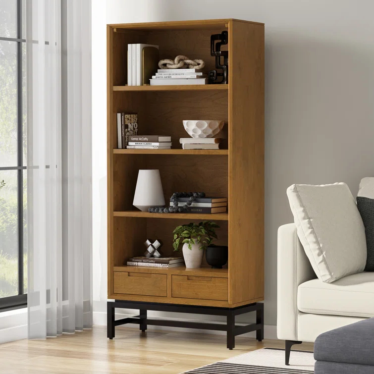 Banting 30"W Solid Wood 4 Shelf Industrial Bookcase with 2 Drawers, Adjustable Shelves, and Metal Base
