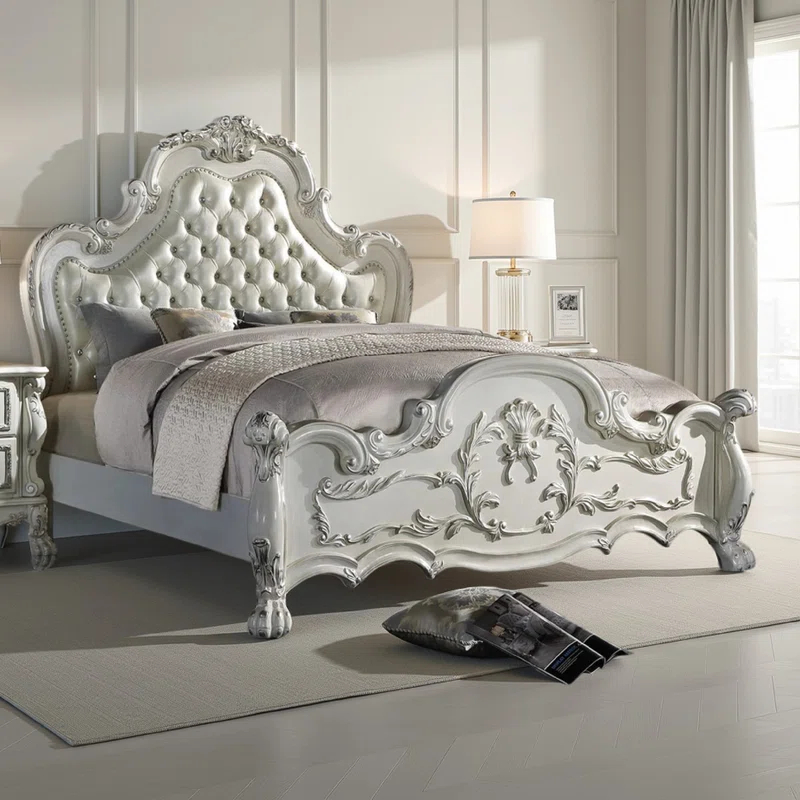 Benjara Ally Bed, Classical White Faux Leather Victorian Carved Wood