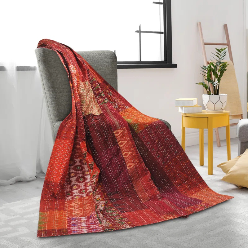 Rajani Home Handmade Kantha Silk Blend Throw Blanket