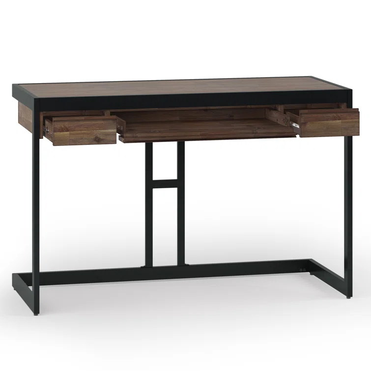 Simpli Home Erina Solid Acacia Wood Desk, Industrial Style with Keyboard Tray and 2 Drawers