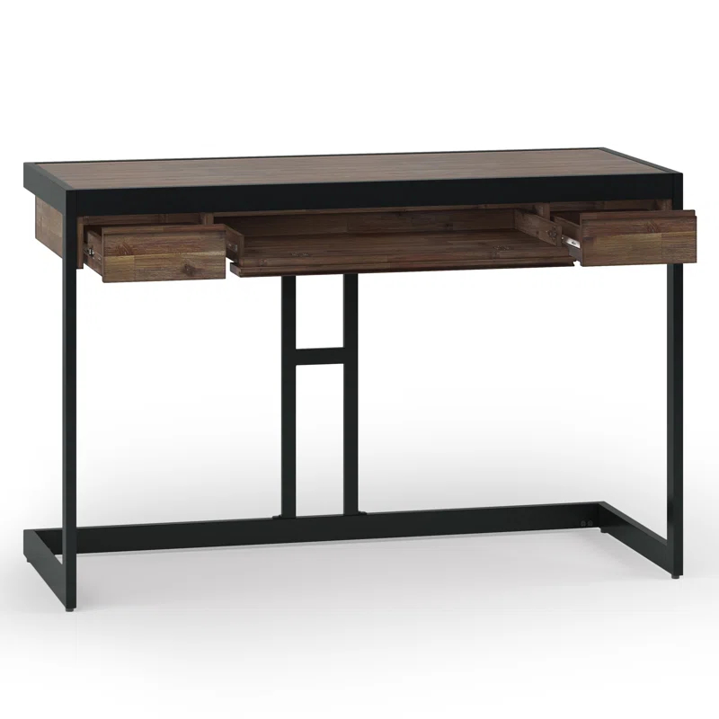 Simpli Home Erina Solid Acacia Wood Desk, Industrial Style with Keyboard Tray and 2 Drawers