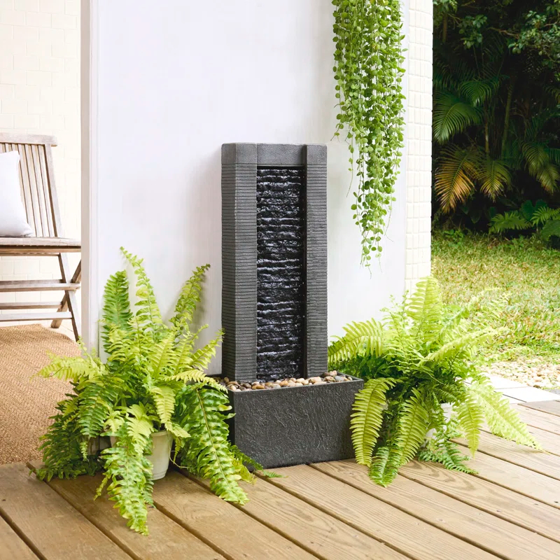 Wrought Studio™ Outdoor Water Fountain for Garden, Patio or Backyard-Freestanding Stone Design with Waterfall Feature & LED Lights