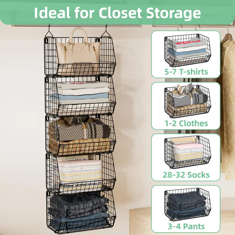 Rebrilliant Hanging Baskets For Organizing, 5 Tier Wall Basket Storage For Kitchen, Wire Closet Organizer Shelves For Small Space, Multifunctional Wall Mounted Baskets For Laundry Room, Pantry, Fruit