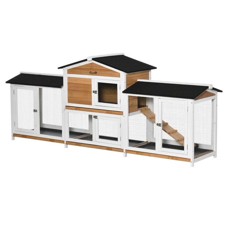 One Allium Way® 90.5" Wooden Rabbit Hutch Bunny Cage Pet Playpen House Enclosure with Double Side Run Boxes, No Leak Tray, Ramp, for Guinea Pig and Small Animals