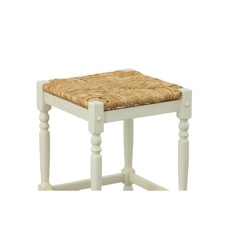 Carolina Cottage Hawthorne 24" Counter Stool with Woven Rush Seat - Vintage Hardwood Legs, Hand Finish Backless Stool (Antique White)