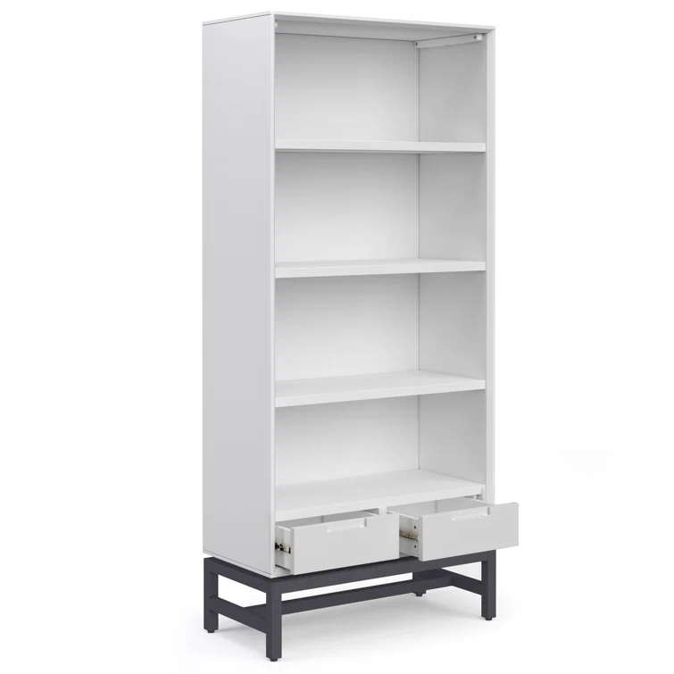 Simpli Home Banting 30"W Solid Wood 4 Shelf Industrial Bookcase with 2 Drawers, Adjustable Shelves, and Metal Base