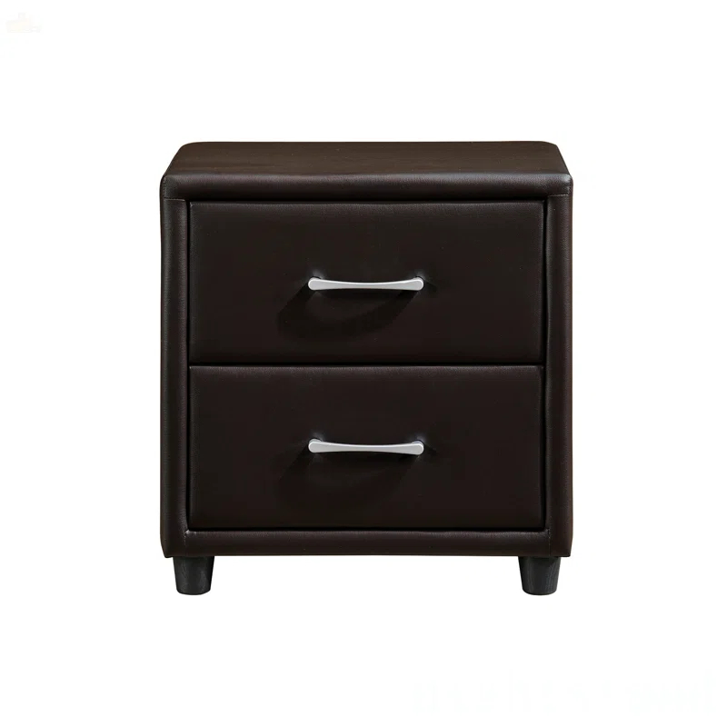 Astoria Grand Contemporary Design 1Pc Bedroom Furniture Two Drawers Nightstand Silver Tone Bar Pulls Faux Leather Upholstery