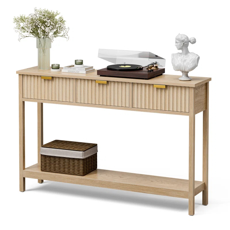 Latitude Run® Console Table With Storage, Boho Entryway Table With 3 Fluted Drawers And Shelf, Sofa Table For Living Room, Entryway, Hallway, Natural