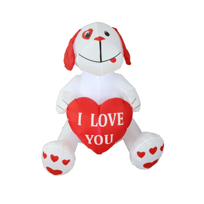 The Holiday Aisle® 4 Foot Tall Lighted Happy Valentine's Inflatable Cute White Puppy Doggy with I Love You Heart Indoor / Outdoor Blow Up Yard Decoration