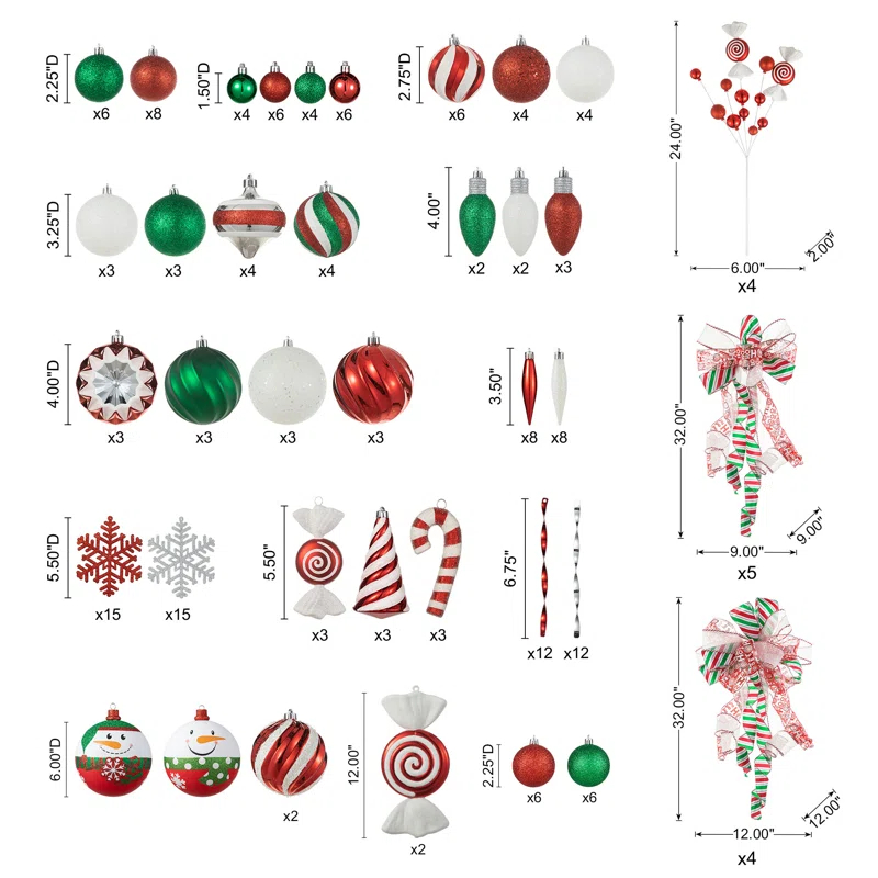 Glitzhome 178 Piece Christmas Ornaments , 4 Piece Candy Picks and 9 Piece Ribbon Bow Sets