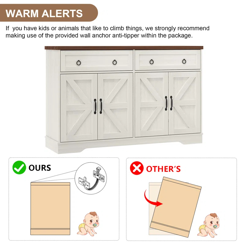Farmhouse 55" Buffet Sideboard Cabinet With Storage, Coffee Bar Cabinet With 2 Drawers