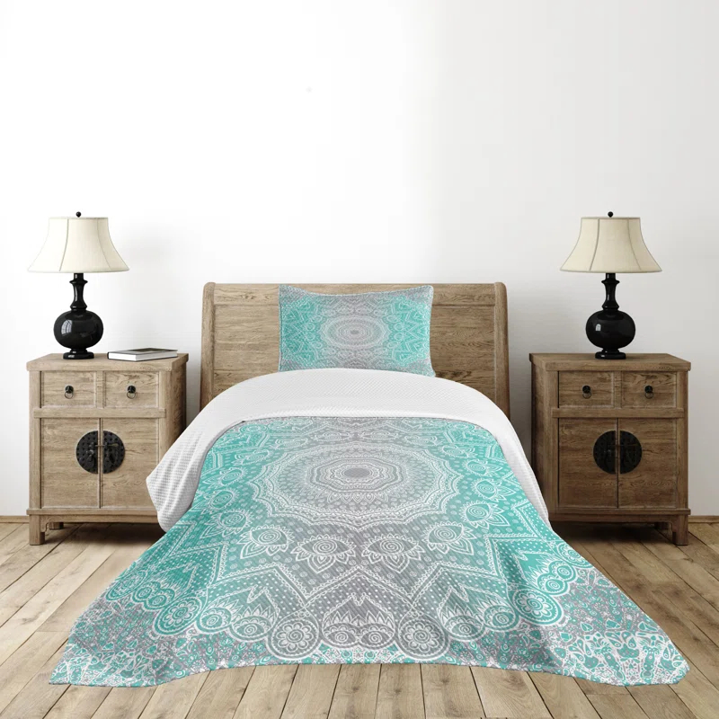 Ambesonne Ambesonne Grey and Turquoise Bedspread Set Ombre Ethnic Turquoise Grey