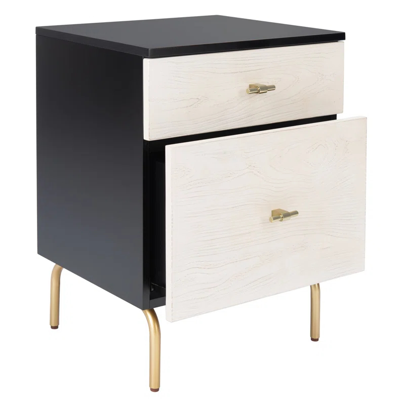 Ivy Bronx Elegant Linaris 18'' W Nightstand – Mid-Century Modern Rustic 2-Drawer Wood Table with Gold Handles
