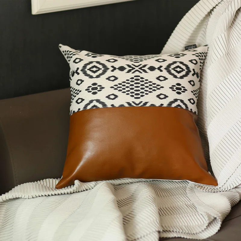 HomeRoots Geometric Faux Leather Pillow Cover