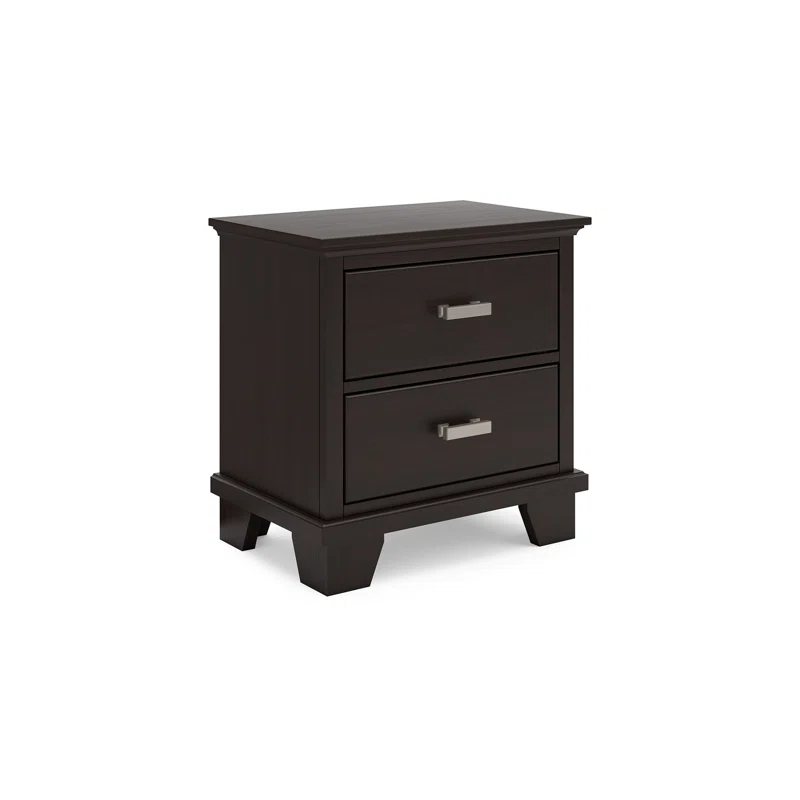 Benjara Teno Nightstand, 2 Drawers, Nickel Handles, Dark Brown Solid Hardwood