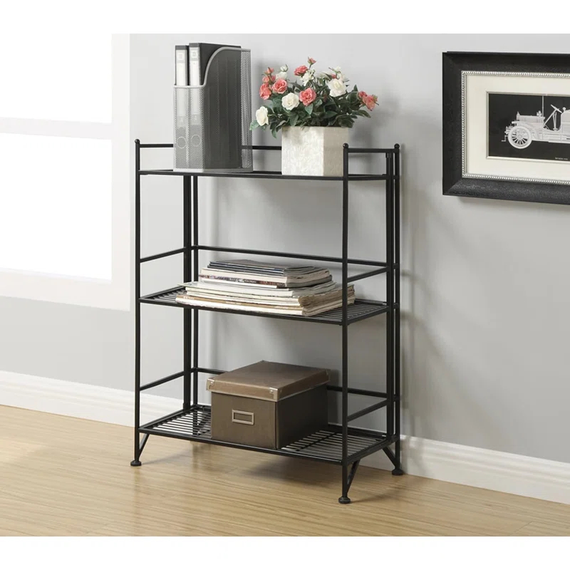 17 Stories 3-Tier Wide Folding Metal Shelf, Black