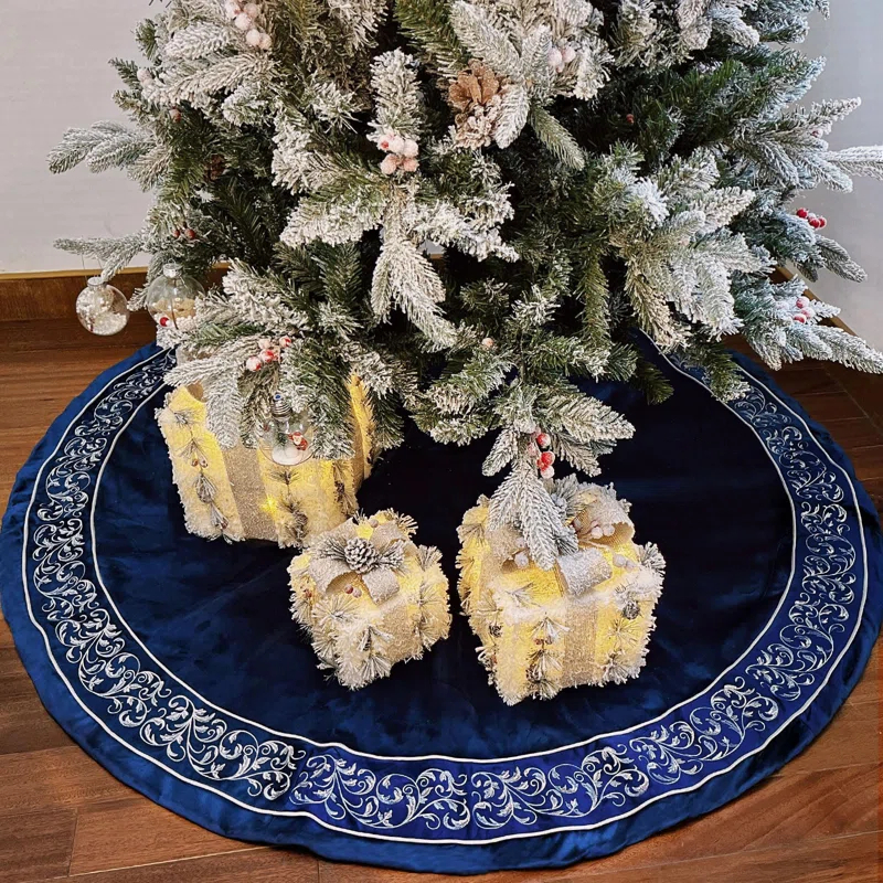 SHIRLEY'S OFFICE FURNITURE, LLC Christmas Tree Skirt 60 Inch, Blue Luxury Extra Large Skirts With Silver Embroidered Vintage Pattern, Classic Retro Christmas Tree Decorations Gifts
